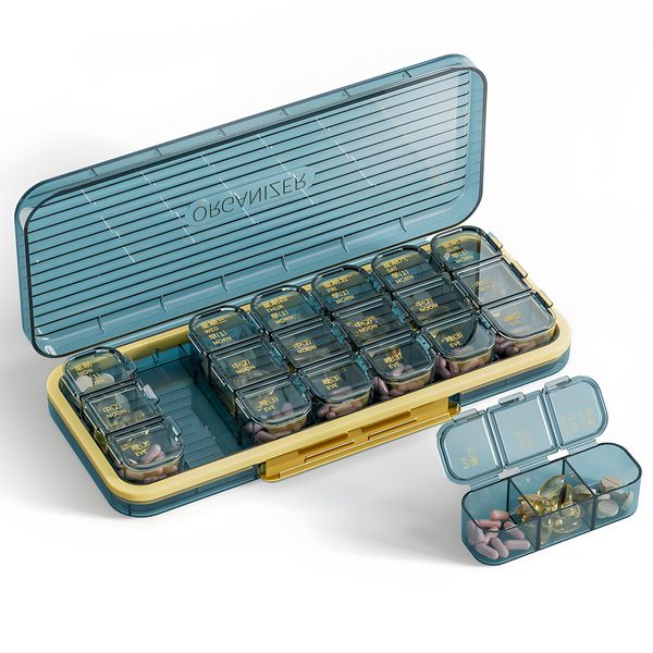 Weekly Pill Box Organiser, 21 Cells 3 Times a Day Pill Storage Box, Moistureproof & Dust-Proof 21 Days Pill Case, Removable Separate Cell, Travel Tablet Boxes for Medication Vitamins Fish Oil (Blue)