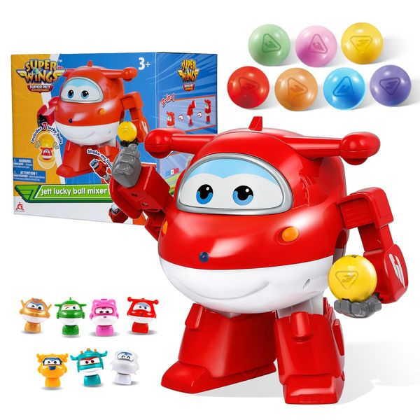 Super Wings Toy Vending Machine for Kids, Mini Gumball Machine Gashapon Machine with Colorful Balls & Role Dolls & DIY Stickers, Cause and Effect Toys for Boys Girls, Jett Lucky Ball Mixer