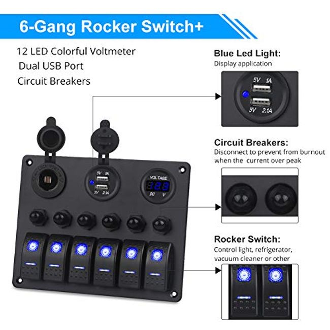 4 Gang 12V 24V Rocker Switch Panel Circuit Breaker Dual USB Voltmeter Car  Marine