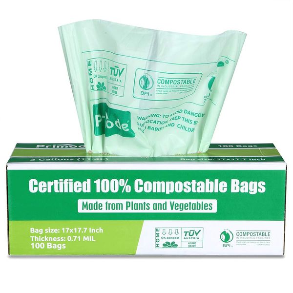 Primode 100% Compostable Trash Bags, 3 Gallon Food Scraps Yard Waste Bags, 100 Count, Extra Thick 0.71 Mil. ASTM D6400 Compost Bags Small Kitchen Bin Bags, Certified By BPI and TUV