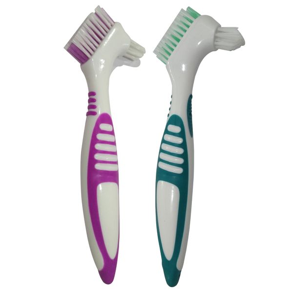 Gus Craft 2-Pack Denture Cleaning Brush Set- Premium Hygiene Denture Cleaner Set For Denture Care- Top Denture Cleanser Tool w/Multi-Layered Bristles & Ergonomic Rubber Handle (Green and Purple)