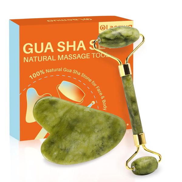 Olaemuo Jade Gua Sha and Face Roller, Real Jade Gua-Sha Stone Facial Tools Set for Reduce Puffiness, Body Guasha Tool for Relieve Neck Tension, SinkCare Beauty Massager as Gift for Women, Green Jade