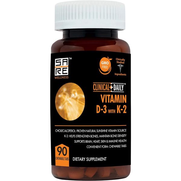 Clinical Daily Chewable Vitamin D3 K2. Vegan Vitamin D Immune Support Supplement for Women Men and Children. Vitamin K supplement for bone and joint support. 90 Vegetable Chewable Pills