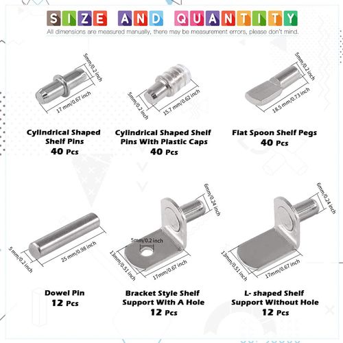 Glarks 156Pcs 6 Styles Shelf Pins Kit, Nickel Shelf Support Pegs, PVC Shelf Pins, Flat Spoon Pegs, Cylindrical Pins Holder, L-Shaped Bracket and Dowel Pins for Cabinets