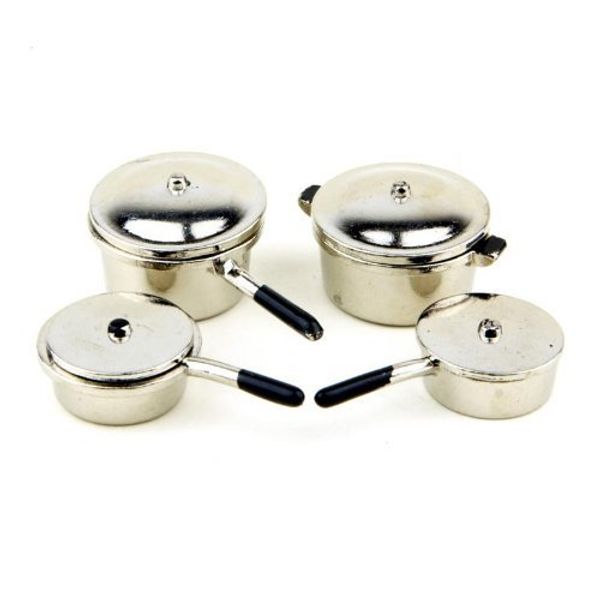 MyTinyWorld Dolls House Miniature 4 Silver Metal Pan Set