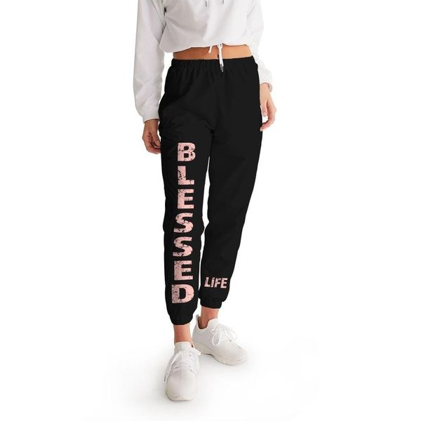 Womens Track Pants - Black & Peach Blessed Graphic Sports Pants - XS