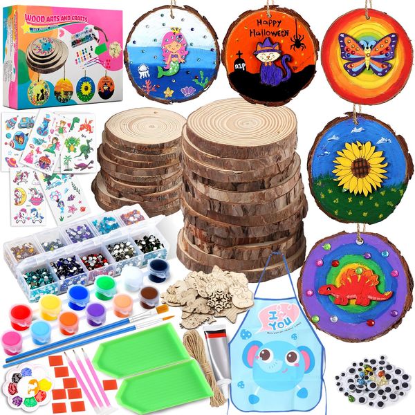 LATEEFAH Wooden Arts and Crafts Kits for Kids Ages 8-12, 24 Wood Slices with Diamond, DIY Creative Art Toys for Girls Boys, Arts&Crafts Activities Gifts for 6 7 8 9 10 11 12 Year Old Girls