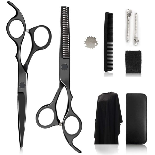 Hip Home Hair Cutting Scissors ，Professional 9 PCS Hairdressing Shears Black， Stainless Steel Thinning Shears Hair Cutting Scissors Kit with Cape for Home, Salon,Barber Scissors