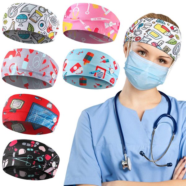 6 Pieces Button Headbands Non Slip Nurse Headbands Stretchy Headwraps Nonslip Yoga Sweatbands with Ear Protection Holder Elastic Headscarves for Yoga, Running, and Exercise, 6 Styles (Cute Pattern)