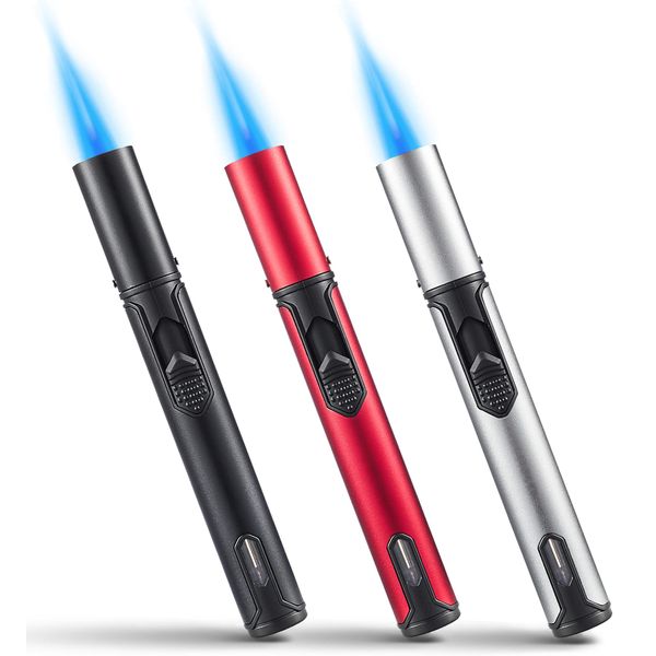 Urgrette 3 Pack Butane Torch Lighters, 6-inch Refillable Pen Lighter Adjustable Jet Flame Butane Lighter for Grill BBQ Camping (Gas Not Included)