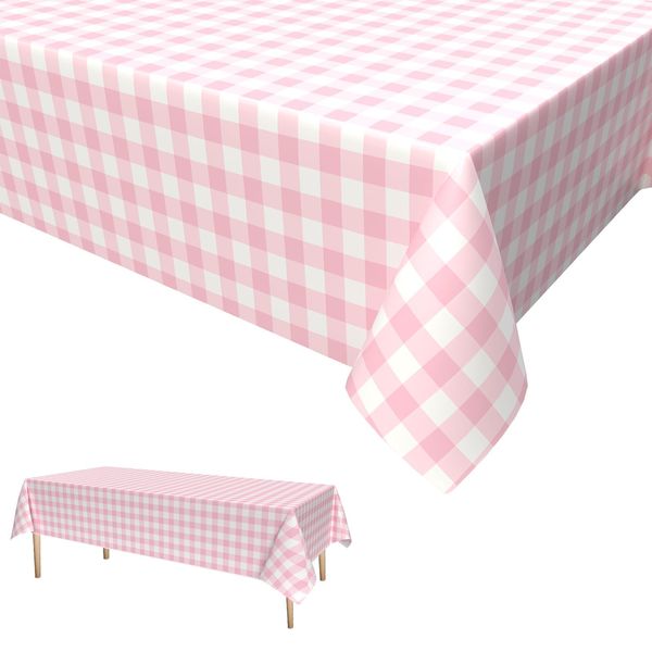 GRESATEK Pink White Checkered Table Cloth,Gingham Party Table Cover Disposable Waterproof Table Cloth Decorations for Picnic Banquet Birthday Tea Party Decorations 137 x 274cm