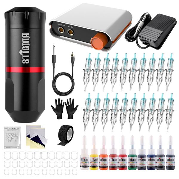 Stigma Tattoo Maschine Set Rotary-Tattoo-Kit für Anfänger Professionelles Tattoo Kit Netzteil 10 Tattoo Ink 20Pcs Tattoo Cartridge Needles STQ49P107-1-EU