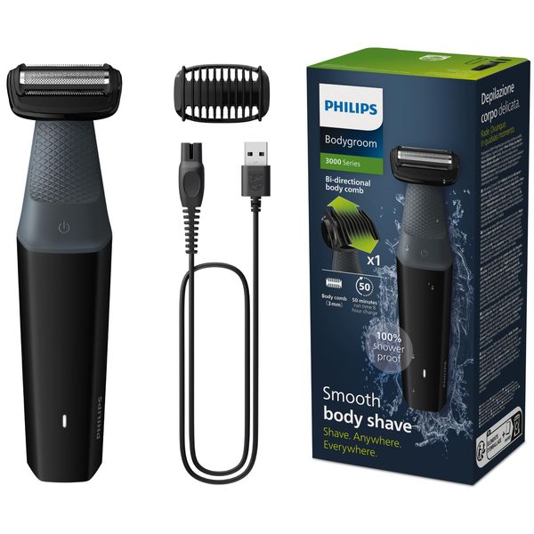 Philips Bodygroom Series 3000 Showerproof Groin and Body Trimmer, Close and Comfortable Shave, Complete Body Grooming, 50 Min. Runtime, Model BG3017/01