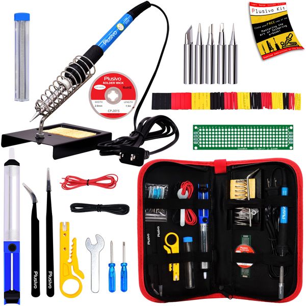 Soldering Iron Kit - 60W Soldering Iron Adjustable Temperature, Solder Wire, Tweezers, Soldering Iron Stand, 5 pcs Solder Tips, Desoldering Pump, Solder Wick, Heatshrink Tubes [110 V, US Plug]