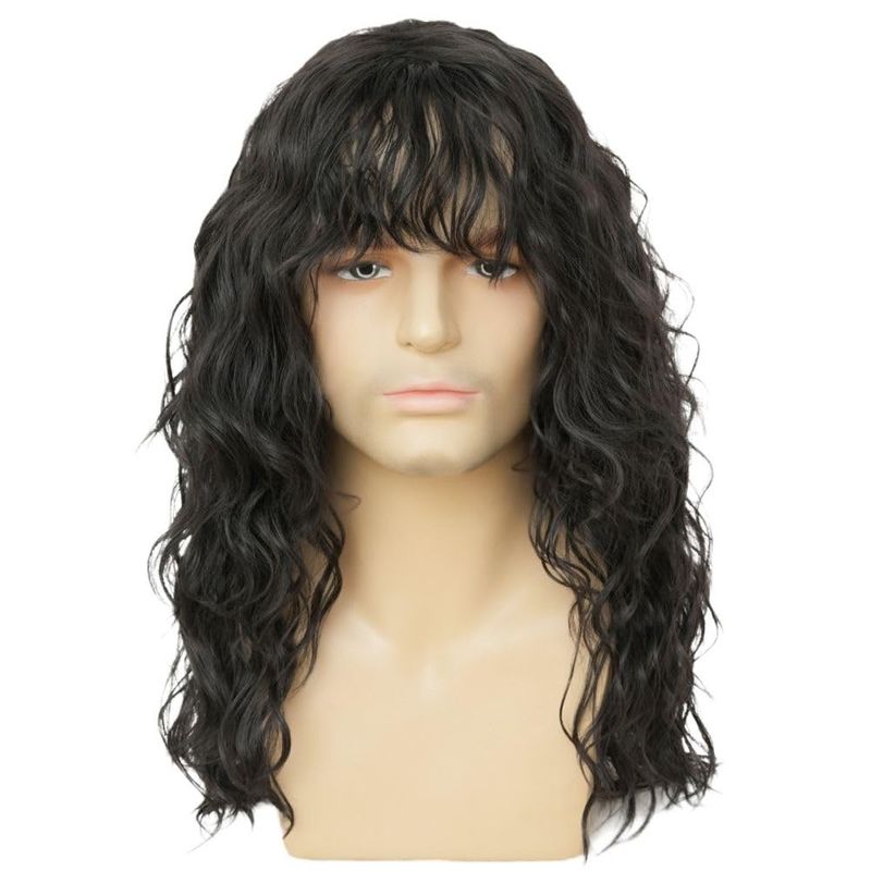 Amnenl Mens Black Long Curly Wig With Bangs Synthetic 70s 80s Rocker