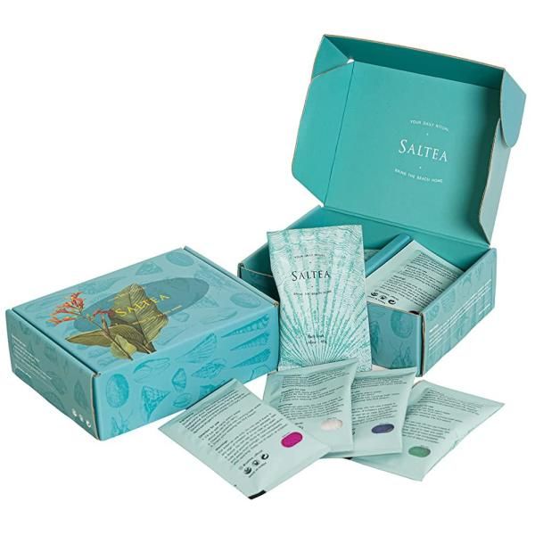 Saltea bath salt gift set with jojoba oil, argan hyaluronic acid, propolis, and aloe barbedensis.