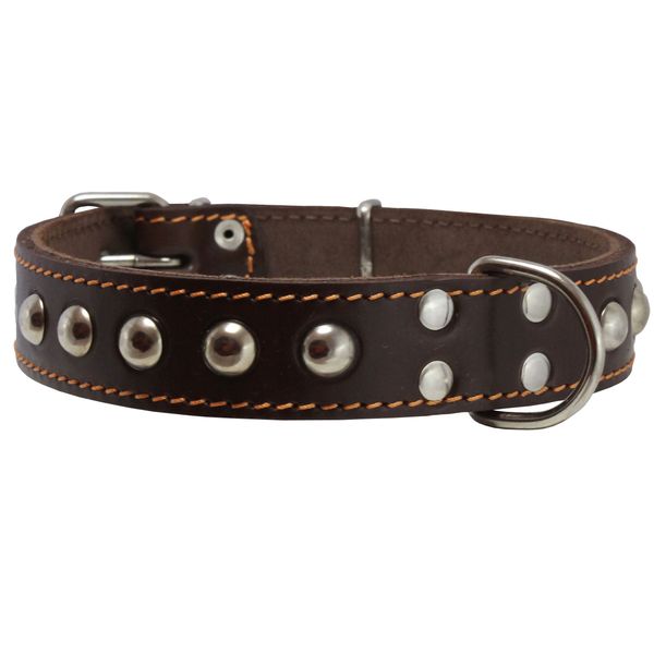 Genuine 1.25" Wide Thick Leather Studded Dog Collar. Fits 15"-20" Neck, Medium Breeds.