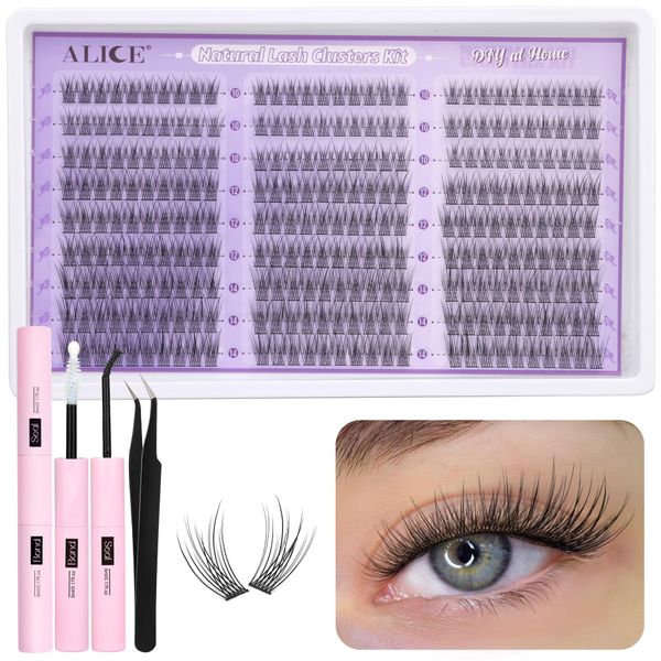 ALICE Natural Lash Clusters Kit Wispy Lash Extension Kit Thin Band Cluster Eyelash Extension Kit 270pcs C Curl 10-14mm Individual Lashes with Lash Glue Bond and Seal Self Application at Home