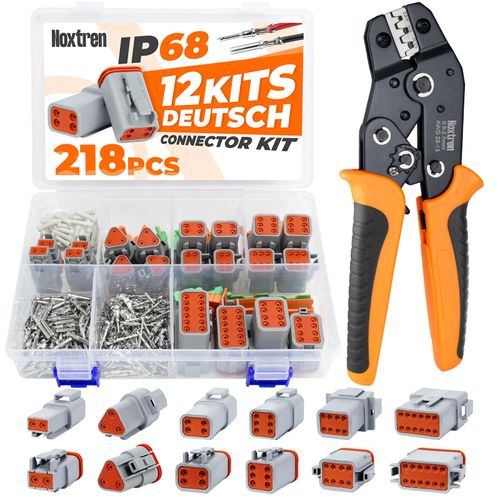 Noxtren 218PCS 12 Kits DT Deutsch Connector Kit with Ratcheting Wire Crimper, 2/3/4/6/8/12 Pin IP68 Waterproof Automotive Electrical Connectors, Size 16 Stamped Contacts for Car Truck Boat Motorcycle