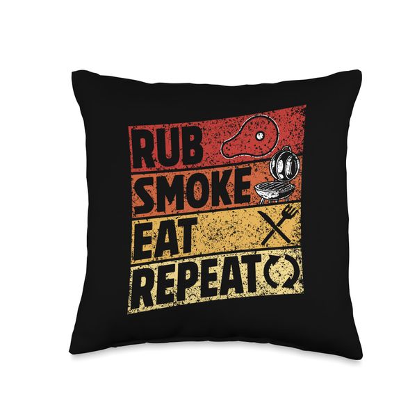 Rub Smoke Eat Repeat Grill Barbecue Meat Grilling Bbq Throw Pillow