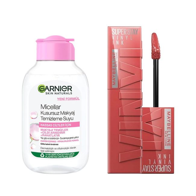 Garnier Skin Naturals Micellar Kusursuz Makyaj Temizleme Suyu (100 ml) & Maybelline New York Super Stay Vinyl Ink Uzun Süre Kalıcı Likit Parlak Ruj 15 Peachy