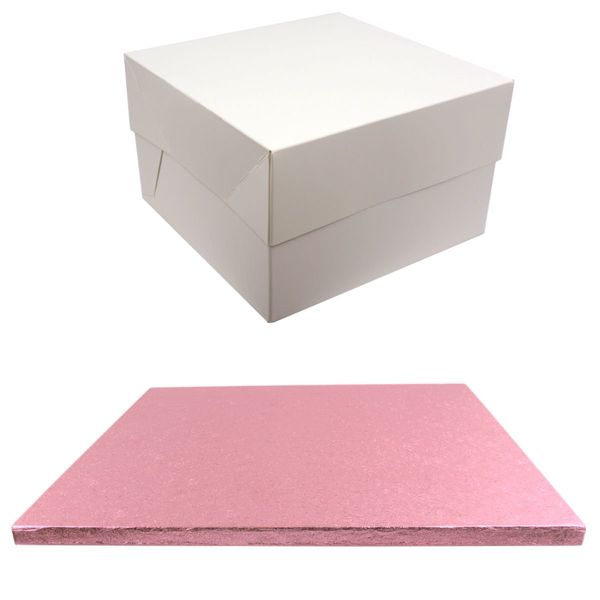 SQUARE COLOURED Drum cake BOARD and white transporting BOX (Pale Pink)