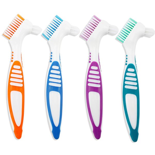 Bnapott 4PCS Premium Denture Cleaning Brush Toothbrush, Multi-Layered Bristles Portable Toothbrush Double Sided Brush for Denture Care (Blue, Purple, Green, Orange)