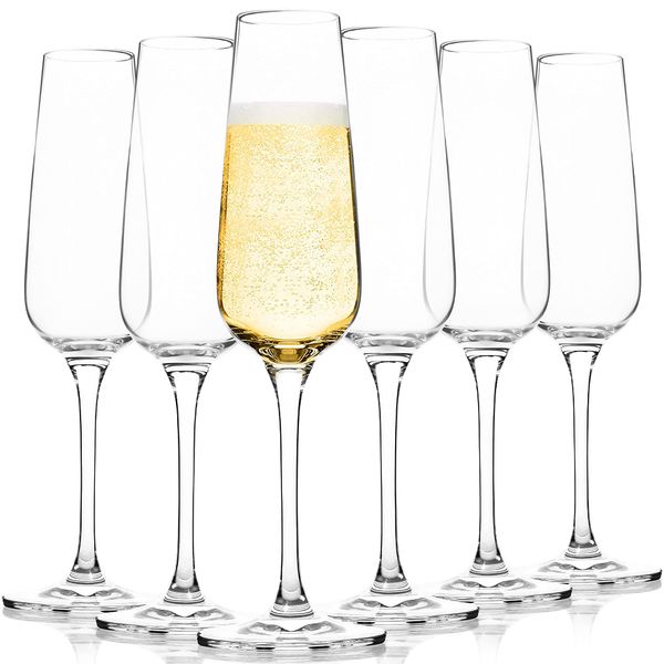 FAWLES Crystal Champagne Flutes Set of 6 - Classy Clear Stemmed Champagne Flute Glasses, Mimosa Glasses, 7 Ounce, Idea for Anniversary, Party, Wedding