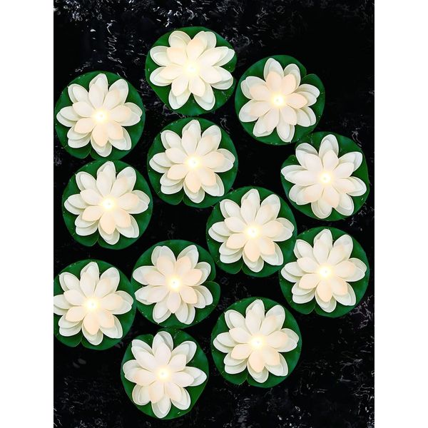 12 Pcs Floating Pool Lights Lotus LED Battery Lily Pad Candles White 5.91in