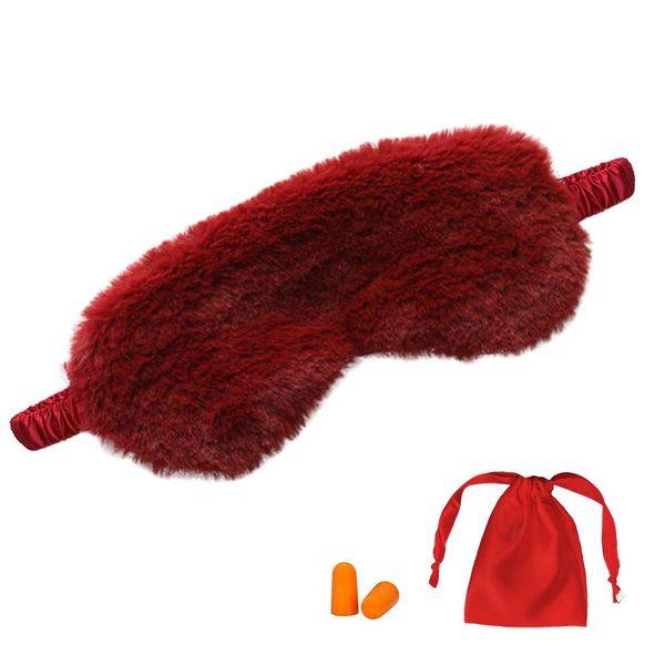 Fluffy Eye Mask with Travel Pouch and Ear Plugs (Wine Red)