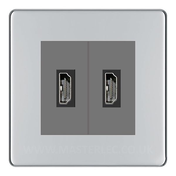 BG Nexus Screwless Polished Chrome 2 Gang HDMI Socket Grey Inserts