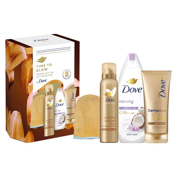 Dove Time to Glow Gradual Self Tan Gift Collection Gift Set with a tan applicator mitt perfect gift for her 3 piece