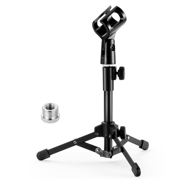 EmJTao Telescopic Microphone Tripod, Mini Desktop Microphone Stand with Mic Clip, 5/8" to 3/8" Metal Screw Adapter