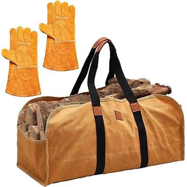 Buryeah 2 Pcs Firewood Carrier Tote and Welding Gloves Waxed Canvas Log Carri...