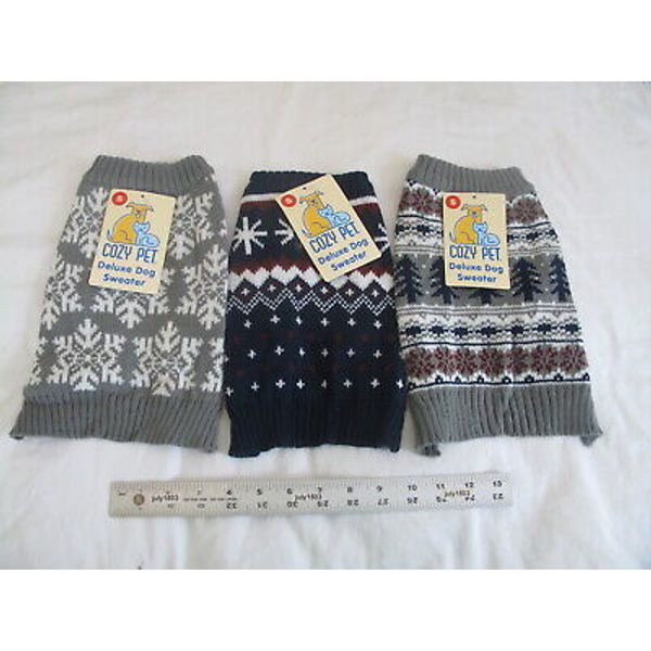 (3) NEW Cozy Pet Dog Knit Sweaters SMALL - Winter Patterns Blue Gray White (BP)