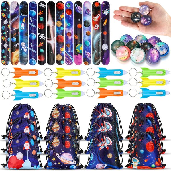 LEIFIDE 48 Pcs Outer Space Party Favors Space Themed Birthday Party Favors Including Drawstring Bags Slap Bracelets Bouncy Ball Rocket Flashlights Keychains Return Gifts for Kids Boys