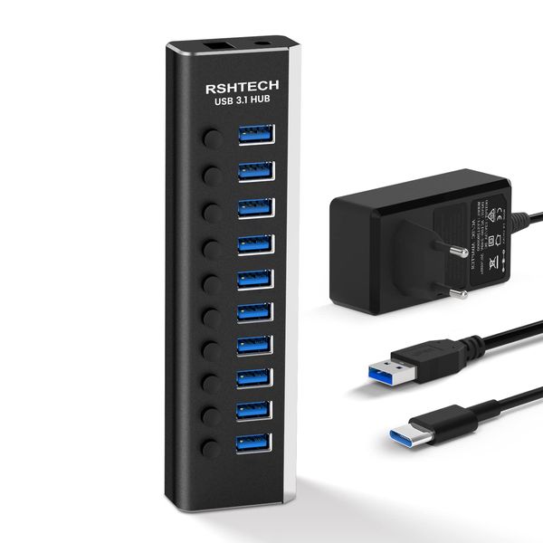 RSHTECH USB 3.1 Hub mit Netzteil 36W, mit 10*10Gbps USB 3.2-Port Aluminium USB Hub 3.2 Gen2 Aktiv mit Netzteil 12V/3A und 2-Datenkabel (Typ C & Typ A), zum Laden und für die Datenübertragung, RSH-A10S