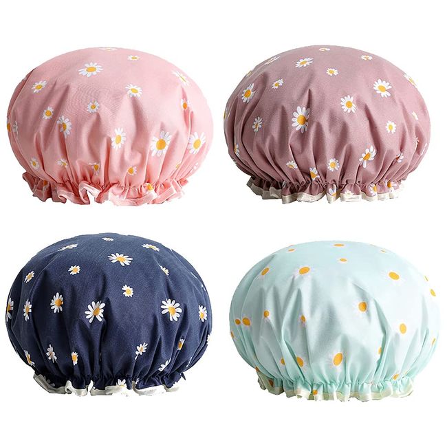 GSHLLO 4 Pcs Daisy Bath Cap Double Layer Waterproof Shower Cap Elastic Band Bath Hats Hair Protection Cover Cap for Girls and Women