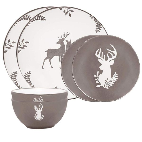 6 Piece Grey Reindeer Stoneware Dinner Set - Dishwasher Microwave Safe
