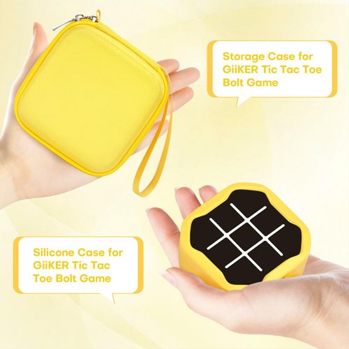 MGZNMTY Travel Storage Case and Silicone Cover Compatible with Giiker Tic Tac Toe Bolt Electronic Game, 3-in-1 Handheld Puzzle Game Console Toys Skin for Kids (Hard Case+Silicone Cover) (Yellow)