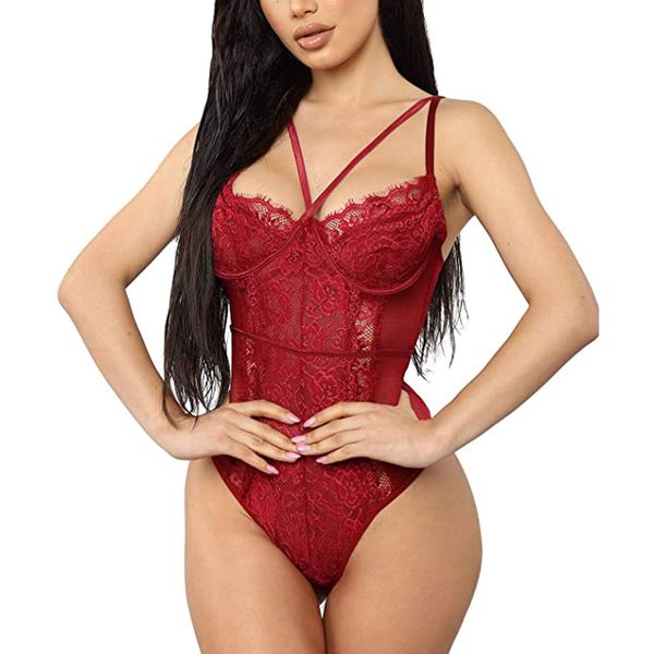 Buitifo Damen Sexy Body Dessous Ein Stück Babydoll V-Ausschnitt Teddy Schritt einrasten(Red,M)