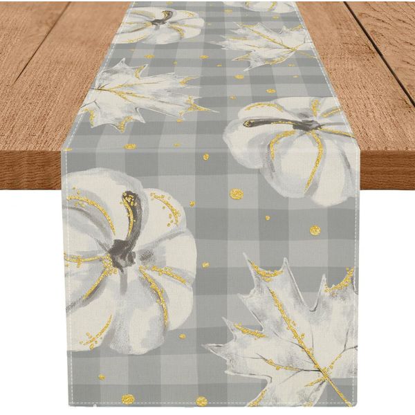 Fall Table Runner Gold Dots Pumpkin Maple Bufflo Plaid Table Decorations Seas...