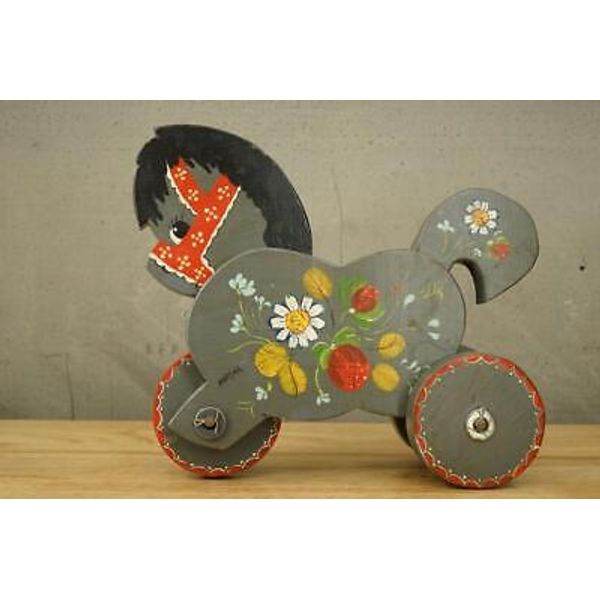 Vintage Folk Art Handcrafted Wooden Pull Toy Horse Strawberry Daisy Design