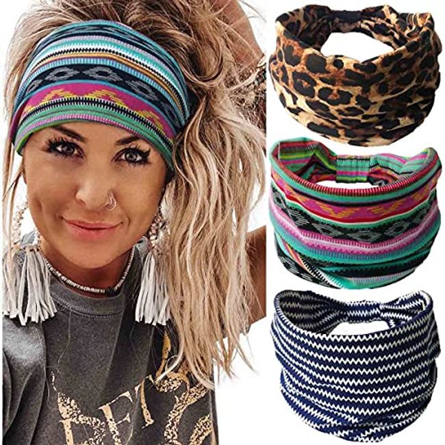 Sepniell Boho Bandeau Headbands Wide Knoted Hair Scarf Elastic Yoga Running Turban Headband Stretch Stripe Cloth Head Wraps Stylish Fabric Head Bands for Women 3 Pcs (Set 1)