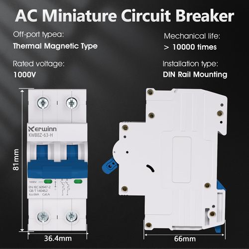 KERWINN Miniature Circuit Breaker 1000V DC Circuit Breaker 2 Pole 25Amp Smart Circuit Breaker,DC Disconnect Switch DIN Rail Mount for Marine Power Systems, Solar photovoltaic Systems (C25A)