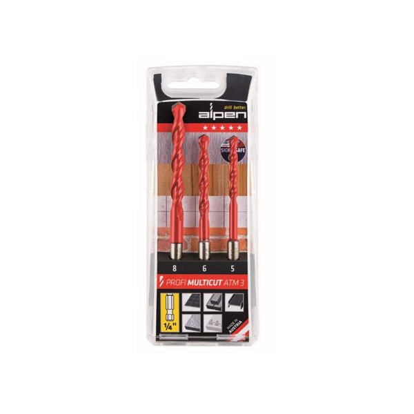 Alpen 100803100"Profi Multicut" ATM Hex Tungsten Carbide Multi Purpose Drill Bits, Orange/Silver, 5/6/8 mm, Set of 3 Piece