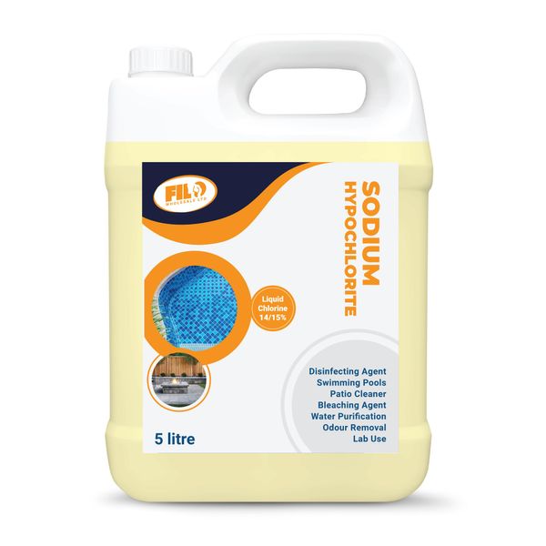 FILO Sodium Hypochlorite 5L - High Strength (14-15%) Patio, Brick, Driveway Cleaners - Liquid Chlorine Shock Treatment, for Swimming Pools & Hot Tubs - Stain Removal and Paving Algae Control