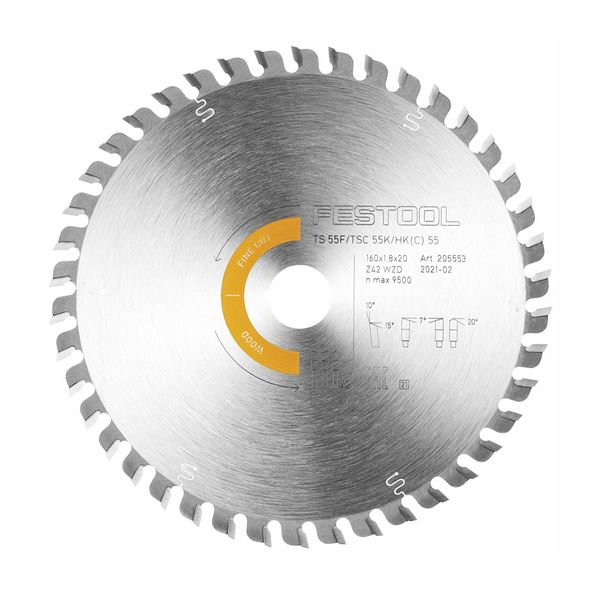 Festool 205553 Fine Tooth Saw Blade HW 160x1,8x20 WD42 Wood Fine Cut, Silver,Yellow