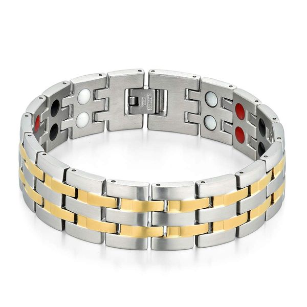 JewelryWe Schmuck Magnetarmband Herren Magnet Therapie Edelstahl Groß Schwer Breit Glieder Link Armband Gesundheit Armkette Armreif für Männer Gold Silber