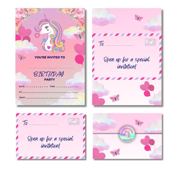 Cardlyst – 24-32 Kids Childrens Unicorn Birthday Party Invitations Kids Invites with Folding Envelope Design and Stickers Pack of 24-32 Invites for Boys and girls - Printed and designed in UK!… (32)